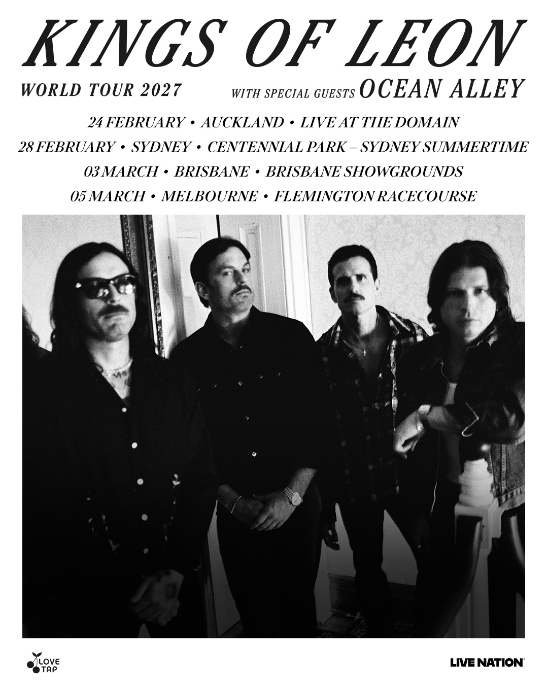 Tour poster for Kings of Leon World Tour 2027 with Ocean Alley listing concert dates.